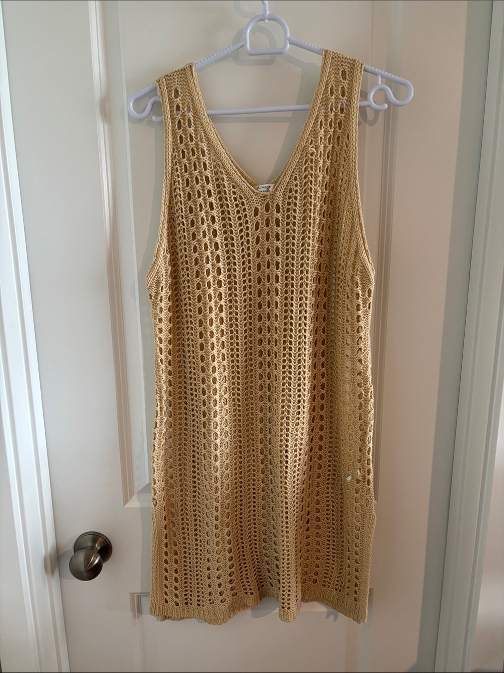 Crochet V-Neck Swim Cover-Up Dress in Beige